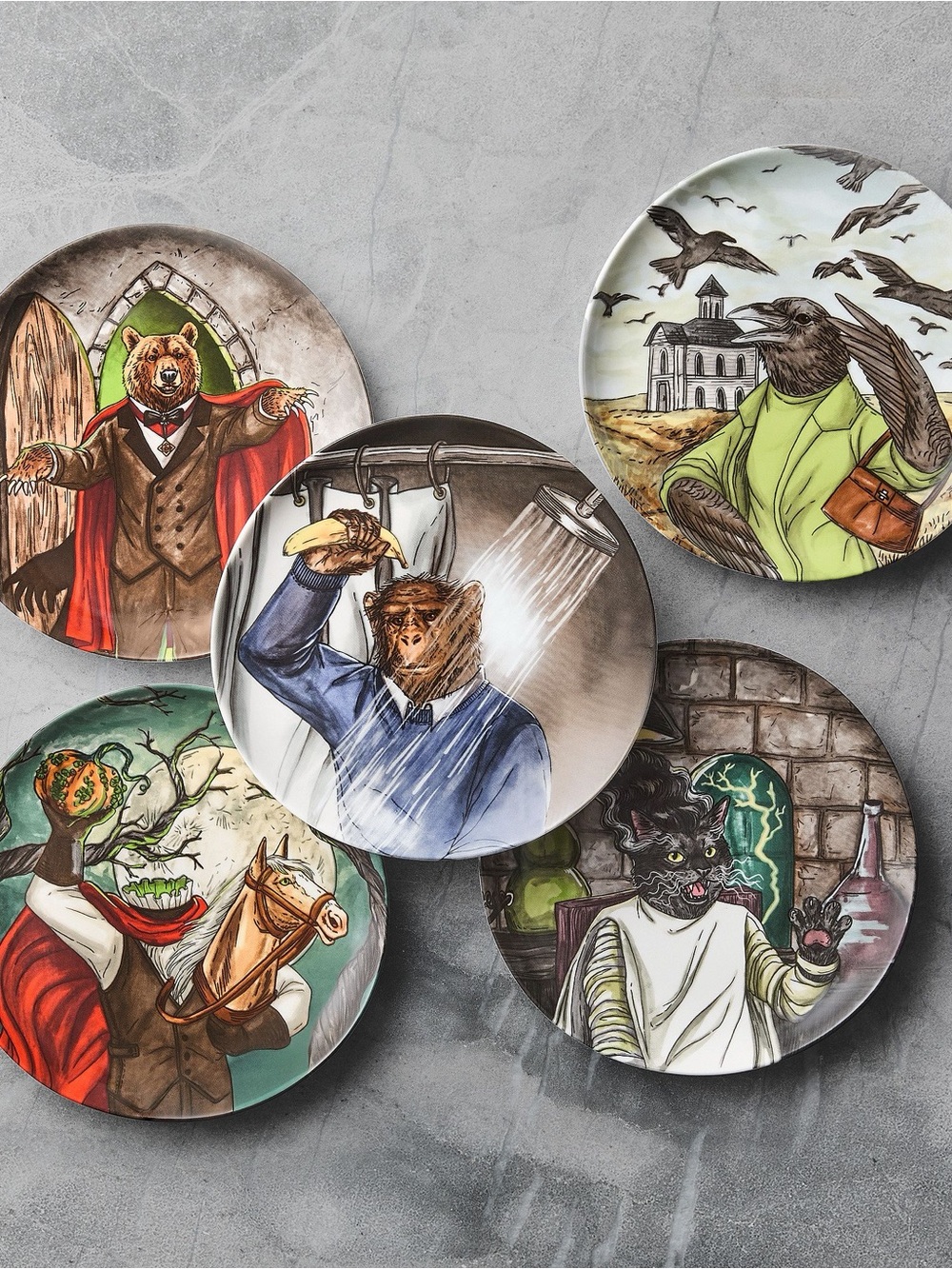 West Elm White Porcelain Rachel Kozlowski Dapper Set of 5 Halloween Plate’s BNIB